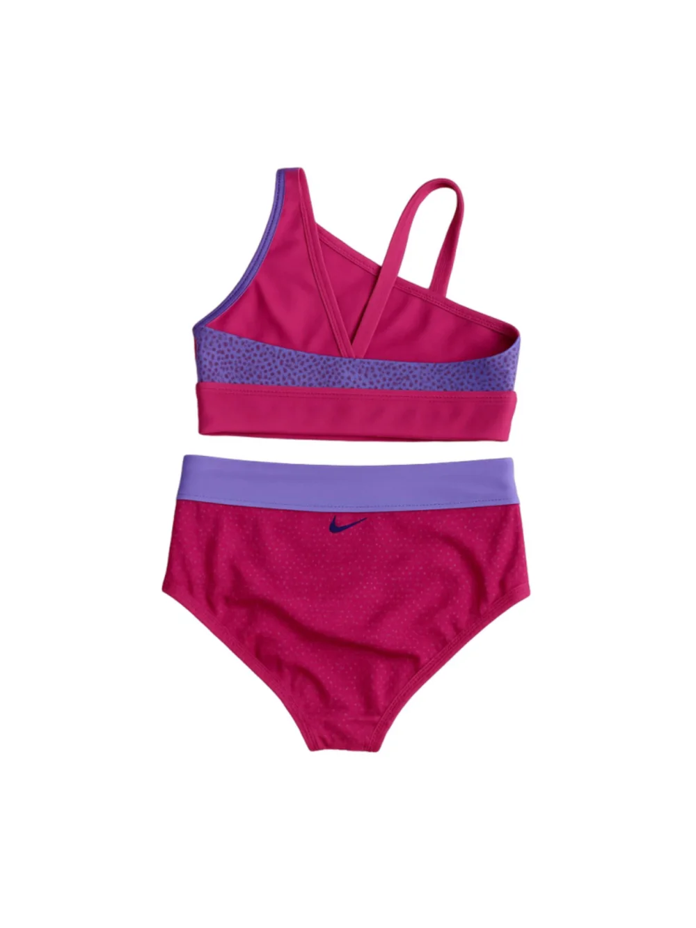 Nike Girls 2PC Swimsuit Set Large Pink Purple Polka Dot One Shoulder Bikini NWT